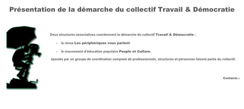 Présentation de la démarche du collectif Travail & Démocratie

￼
      Deux structures associatives coordonnent la démarche du collectif Travail & Démocratie : 
 la revue Les périphériques vous parlent 
 le mouvement d’éducation populaire Peuple et Culture, 
       épaulés par un groupe de coordination composé de professionnels, structures et personnes faisant partie du collectif.



  Contacts :
   travail-democratie@lesperipheriques.org




